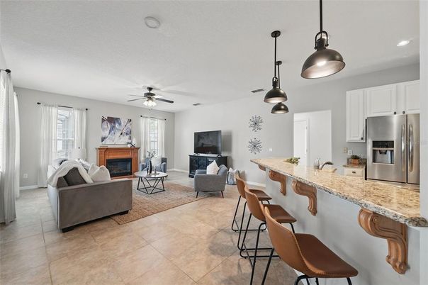Fireplace, Interior, Kitchen, Living room, Pendant Lights, Recessed Lighting, Stainless Steel Appliances