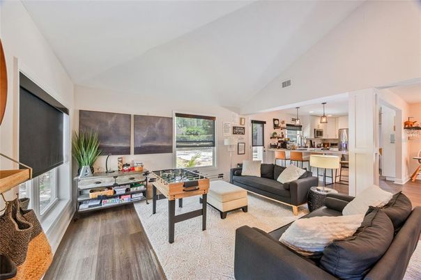 Interior, Kitchen, Living room, Pendant Lights, Wood Texture Flooring
