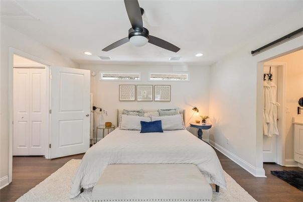 Bedroom, Interior, Recessed Lighting, Wood Texture Flooring