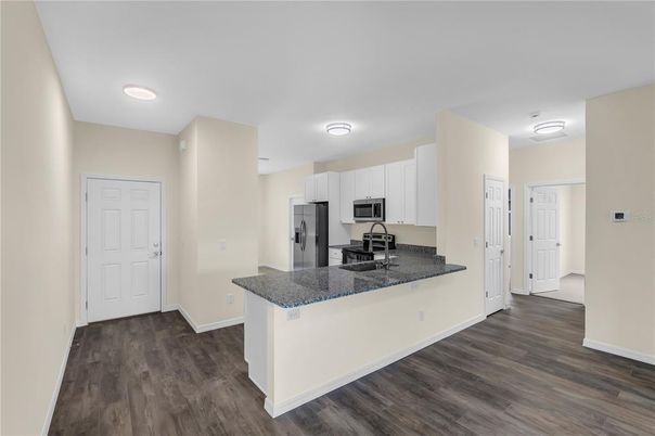 Interior, Kitchen, Recessed Lighting, Wood Texture Flooring
