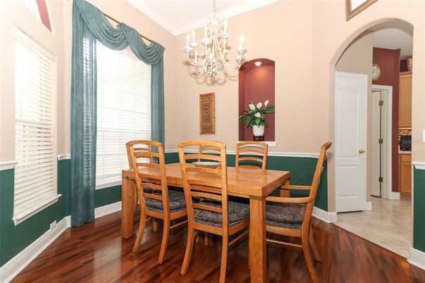 Chandelier, Dining room, Interior, Wood Texture Flooring