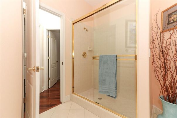 Bathroom, Glass Shower, Interior, Wood Texture Flooring