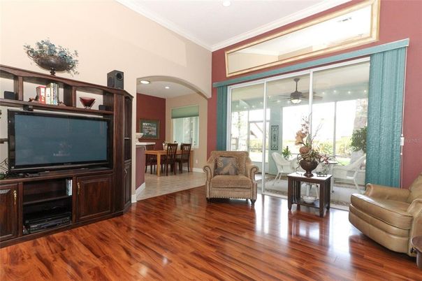 Dining room, Interior, Living room, Recessed Lighting, Wood Texture Flooring