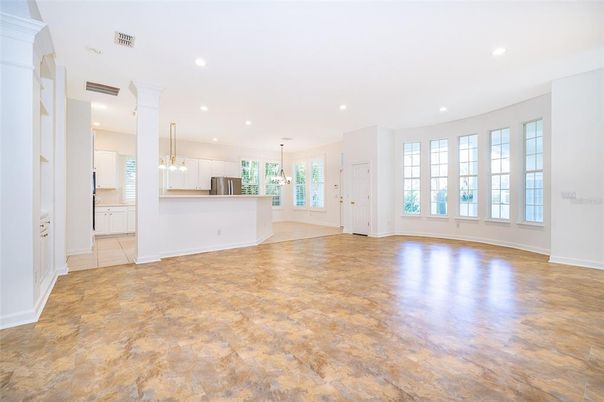 Empty room, Interior, Kitchen, Pendant Lights, Recessed Lighting, Wood Texture Flooring