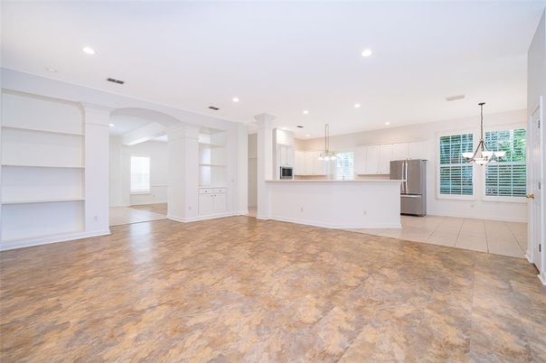 Empty room, Interior, Kitchen, Pendant Lights, Recessed Lighting, Stainless Steel Appliances