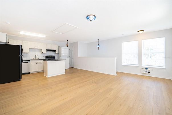 Interior, Kitchen, Pendant Lights, Wood Texture Flooring