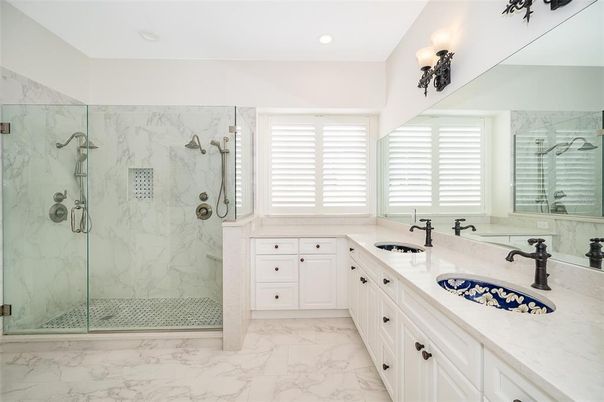 Bathroom, Dual Sink Vanities, Glass Shower, Interior, Marble, Marble Walls, Recessed Lighting