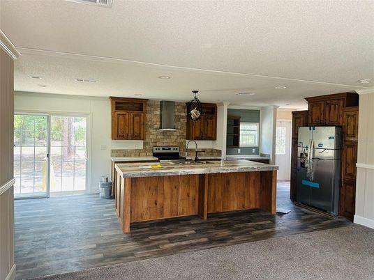 Interior, Kitchen, Recessed Lighting, Stone Walls, Wood Texture Flooring