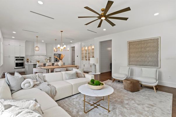 Dining room, Interior, Kitchen, Living room, Pendant Lights, Recessed Lighting, Stainless Steel Appliances, Wood Texture Flooring