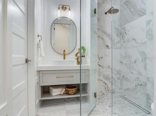 Bathroom, Glass Shower, Interior, Marble Walls