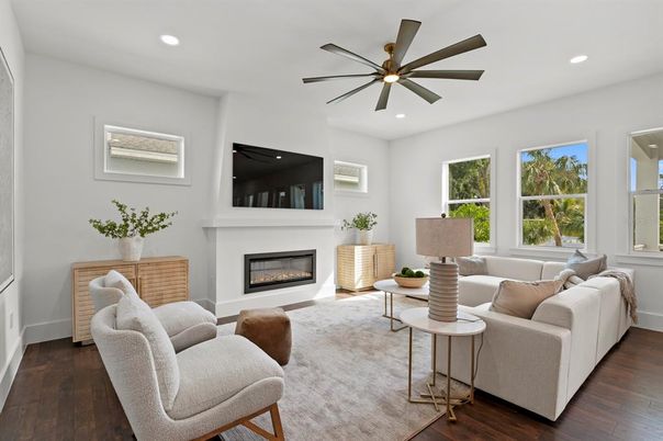 Fireplace, Interior, Living room, Recessed Lighting, Wood Texture Flooring