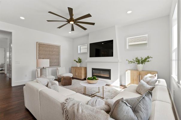 Fireplace, Interior, Living room, Recessed Lighting, Wood Texture Flooring
