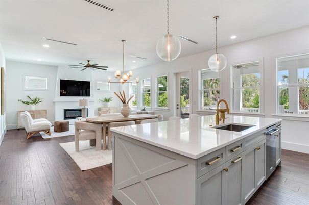 Dining room, Fireplace, Interior, Kitchen, Living room, Pendant Lights, Recessed Lighting, Wood Texture Flooring
