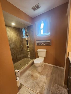 Bathroom, Glass Shower, Interior, Recessed Lighting, Wood Texture Flooring