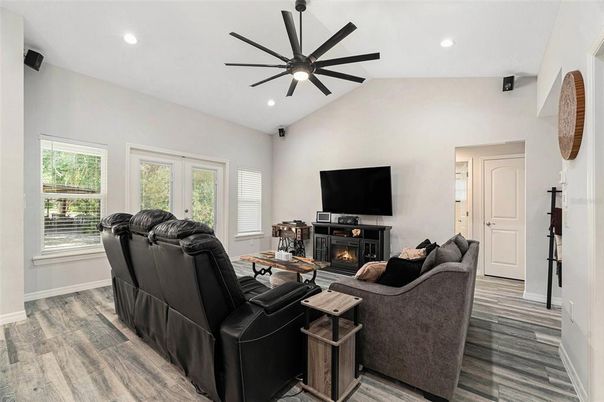 Fireplace, Interior, Living room, Recessed Lighting, Wood Texture Flooring