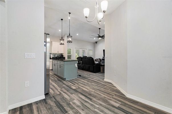 Interior, Kitchen, Living room, Pendant Lights, Recessed Lighting, Wood Texture Flooring