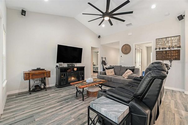 Fireplace, Interior, Living room, Recessed Lighting, Wood Texture Flooring