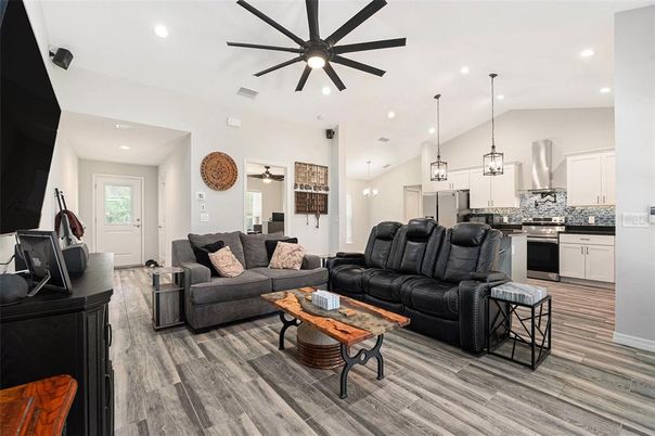 Interior, Kitchen, Living room, Pendant Lights, Recessed Lighting, Stainless Steel Appliances, Wood Texture Flooring