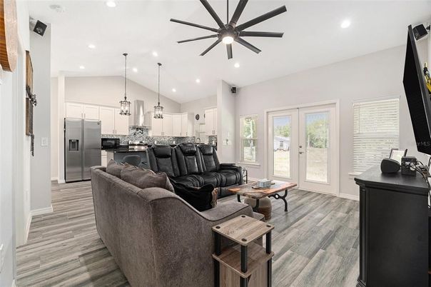 Interior, Kitchen, Living room, Pendant Lights, Recessed Lighting, Wood Texture Flooring