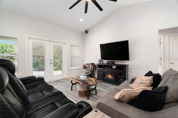 Fireplace, Interior, Living room, Recessed Lighting, Wood Texture Flooring
