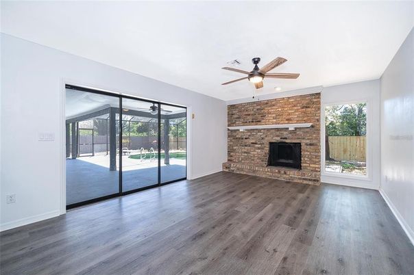 Empty room, Fireplace, Interior, Stone Walls, Wood Texture Flooring