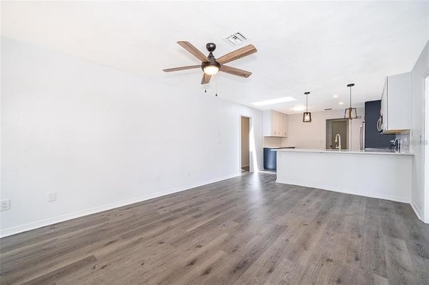 Empty room, Interior, Kitchen, Pendant Lights, Recessed Lighting, Wood Texture Flooring