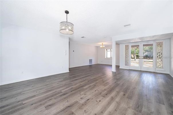 Empty room, Interior, Pendant Lights, Wood Texture Flooring