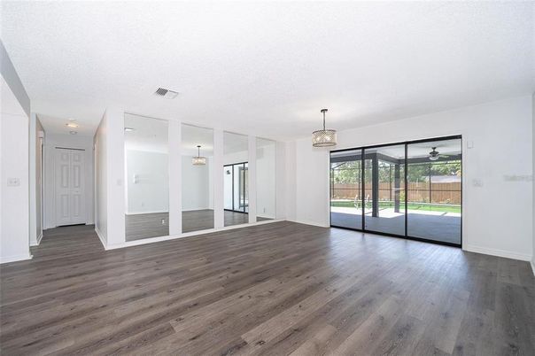 Chandelier, Empty room, Interior, Recessed Lighting, Wood Texture Flooring