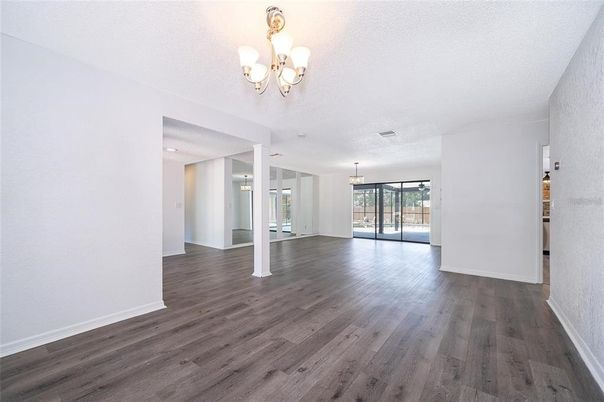 Chandelier, Empty room, Interior, Pendant Lights, Wood Texture Flooring