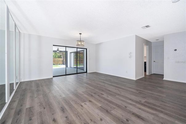 Chandelier, Empty room, Interior, Wood Texture Flooring