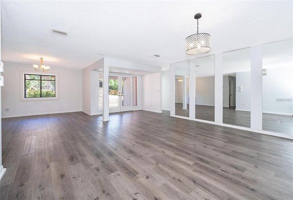 Chandelier, Empty room, Interior, Pendant Lights, Wood Texture Flooring