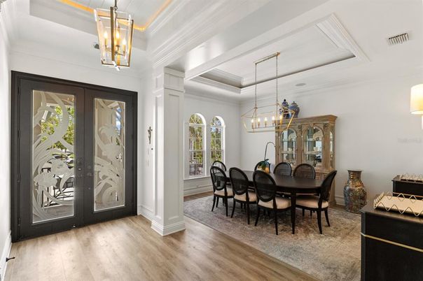 Chandelier, Dining room, Interior, Pendant Lights, Wood Texture Flooring