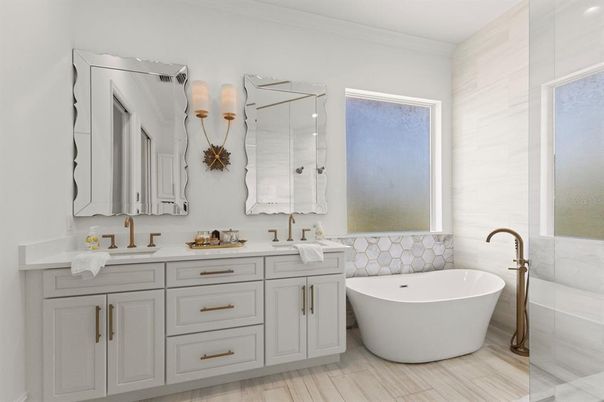 Bathroom, Dual Sink Vanities, Free Standing Baths, Glass Shower, Interior, Wood Texture Flooring