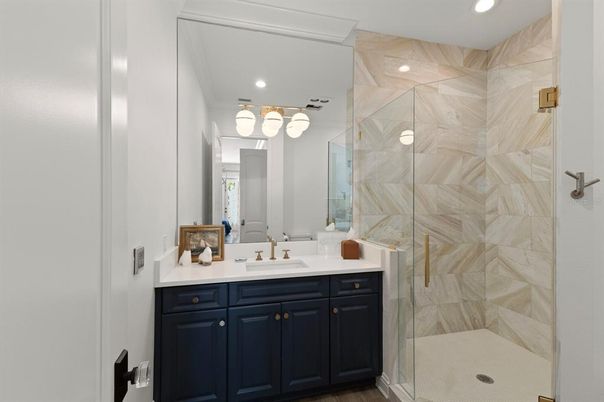 Bathroom, Glass Shower, Interior, Marble Walls, Recessed Lighting