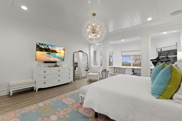 Bedroom, Chandelier, Interior, Pendant Lights, Recessed Lighting, Wood Texture Flooring