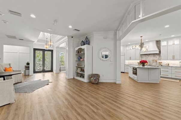 Chandelier, Interior, Kitchen, Pendant Lights, Recessed Lighting, Wood Texture Flooring