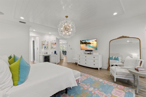 Bedroom, Chandelier, Interior, Pendant Lights, Recessed Lighting, Wood Texture Flooring
