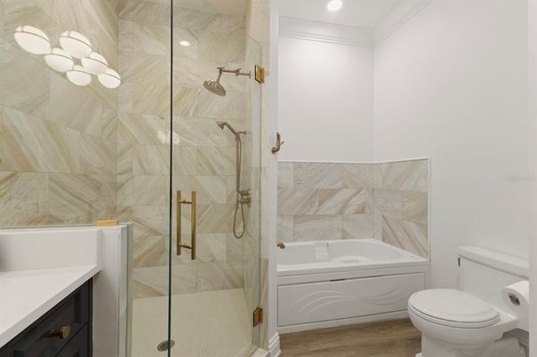 Bathroom, Glass Shower, Interior, Marble Walls, Recessed Lighting, Wood Texture Flooring