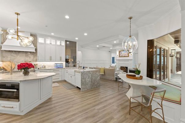 Fireplace, Interior, Kitchen, Living room, Pendant Lights, Recessed Lighting, Wood Texture Flooring