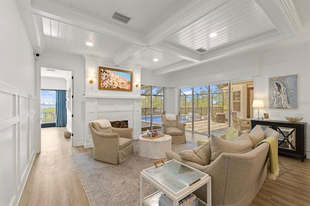 Fireplace, Interior, Living room, Recessed Lighting, Wood Texture Flooring