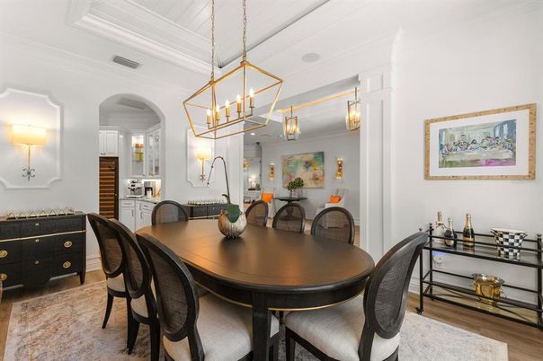 Chandelier, Dining room, Interior, Pendant Lights, Wood Texture Flooring