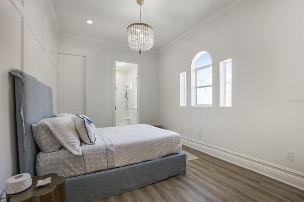 Bedroom, Chandelier, Interior, Recessed Lighting, Wood Texture Flooring