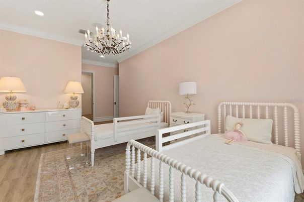 Bedroom, Chandelier, Interior, Recessed Lighting, Wood Texture Flooring