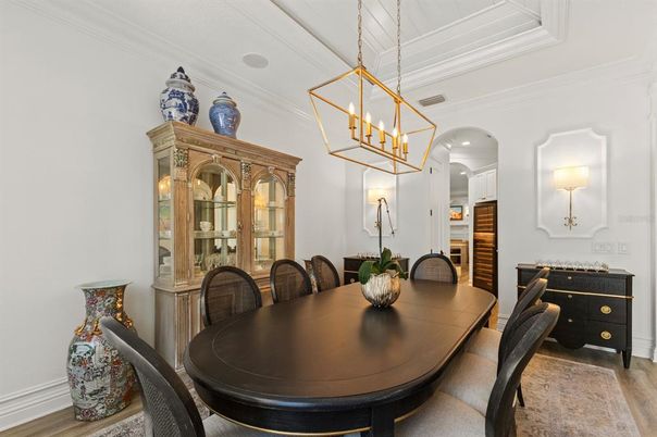 Dining room, Interior, Pendant Lights, Wood Texture Flooring
