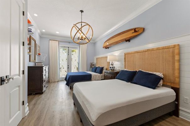 Bedroom, Interior, Pendant Lights, Recessed Lighting, Wood Texture Flooring