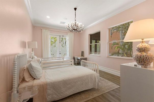 Bedroom, Chandelier, Interior, Recessed Lighting, Wood Texture Flooring