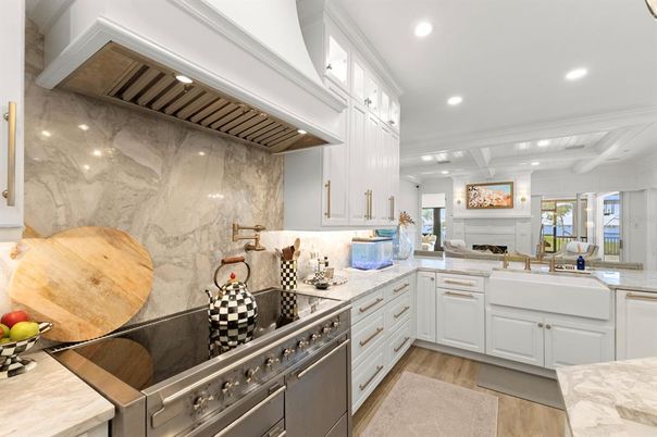 Interior, Kitchen, Marble Walls, Recessed Lighting, Wood Texture Flooring