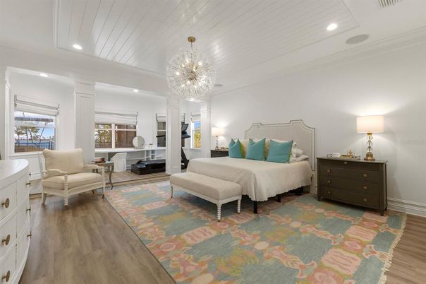 Bedroom, Chandelier, Interior, Recessed Lighting, Wood Texture Flooring