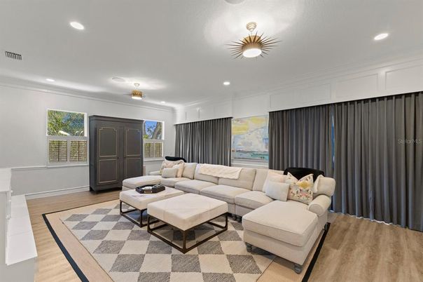 Interior, Living room, Recessed Lighting, Wood Texture Flooring