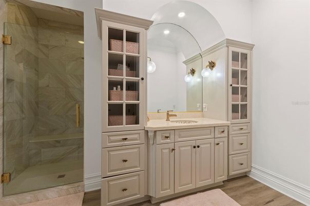 Bathroom, Glass Shower, Interior, Marble Walls, Recessed Lighting, Wood Texture Flooring